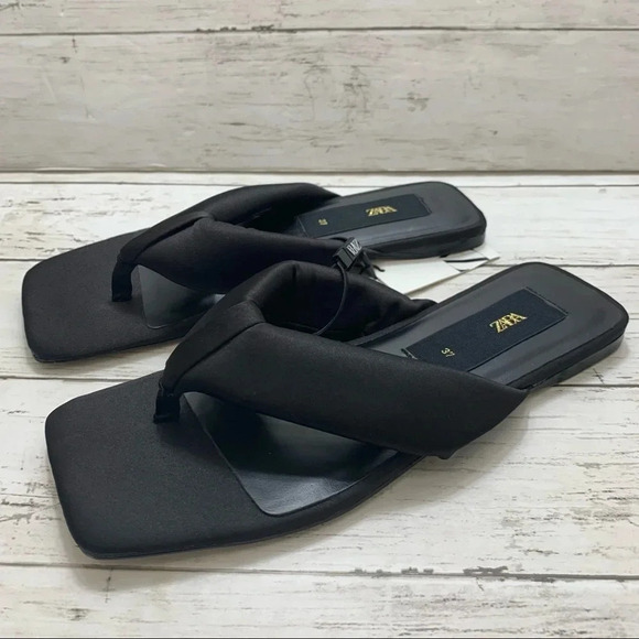 Zara Black Square Toe Quilted Slides Thong Sandals Flip Flop Summer - Picture 4 of 12